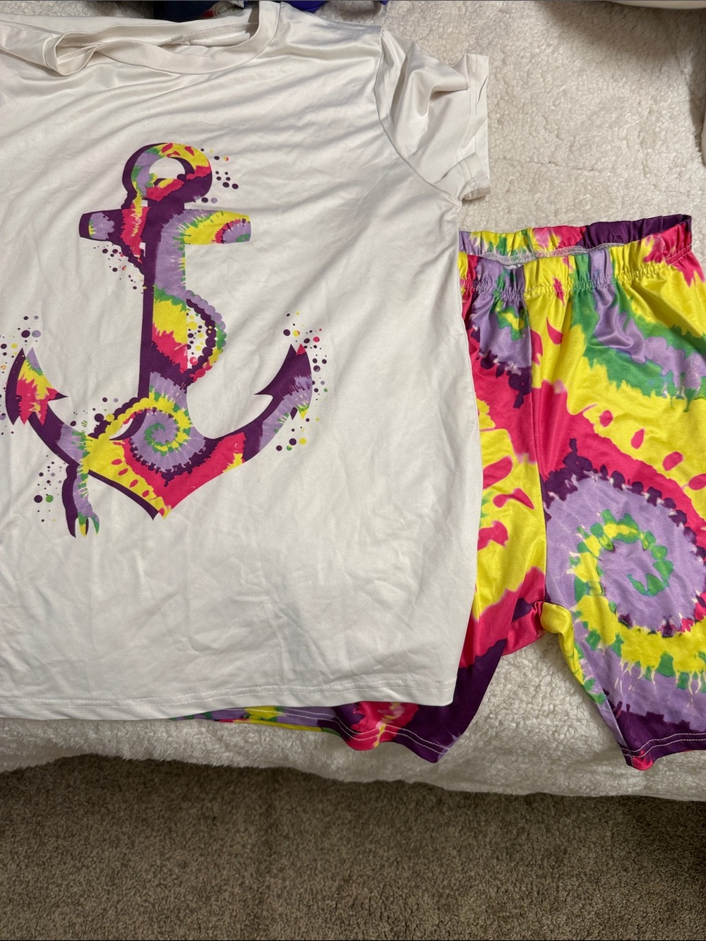 White Tee & Tie-Dye Anchor Shorts Set - Neon Multicolor
